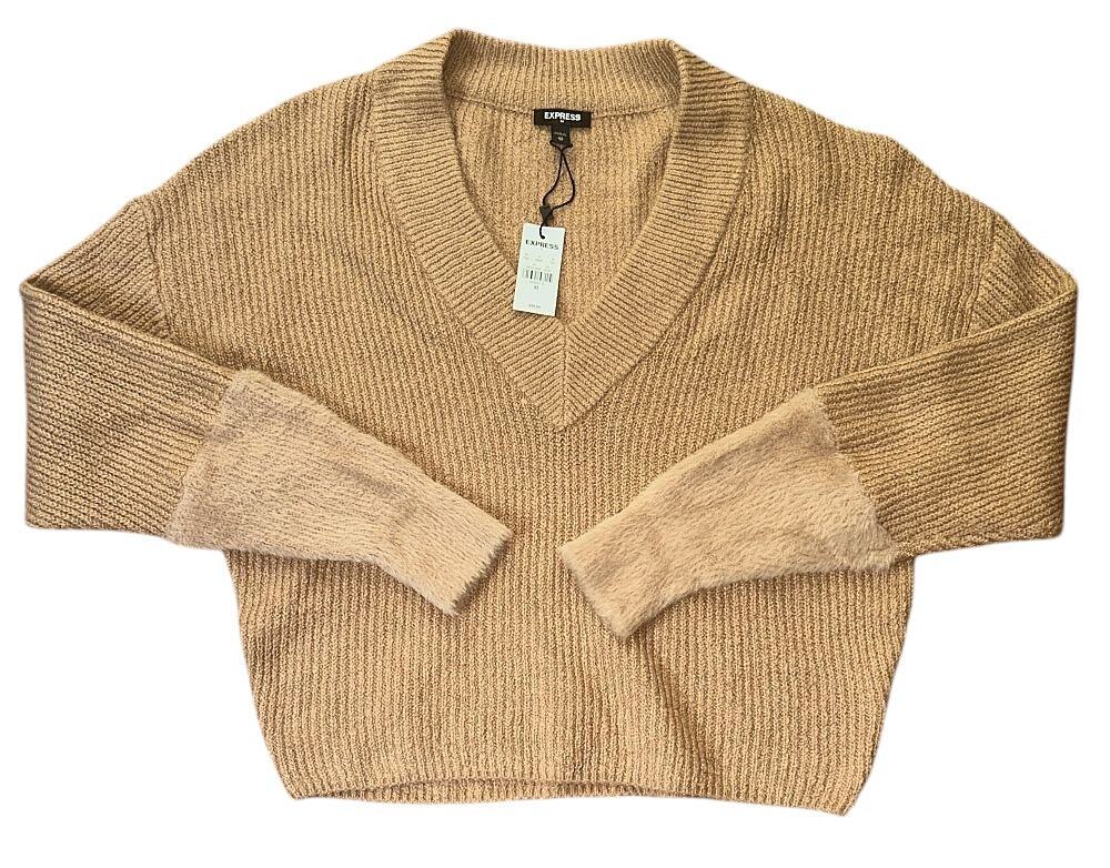 NWT Express V-Neck Faux-Fur Cuff Stretch Gold Sweater XS